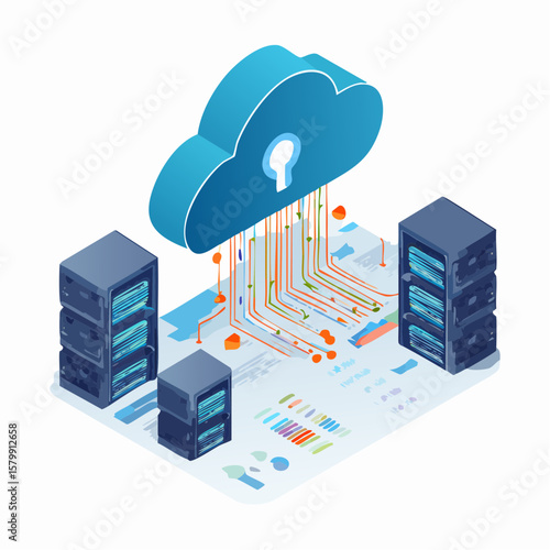 Modern 3D Building Icon with Computer Network Server in Isometric City Scene