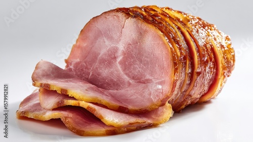Deliciously Glazed Sliced Ham on a White Background Perfect for Culinary Use and Food Styling in Recipes or Cookbooks Ideal for Various Meals