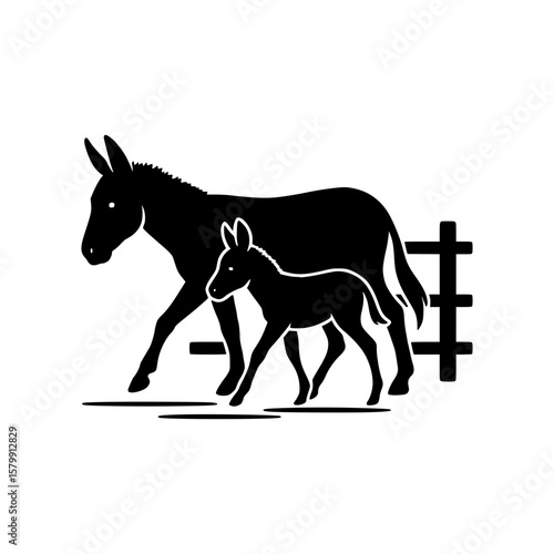 Silhouette of a mother donkey and her foal walking near a fence