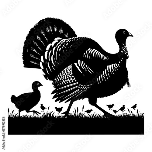 Black silhouette of a mother turkey and her poults in the grass