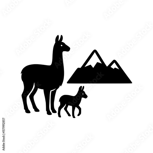 Silhouette of a llama and baby llama with mountain peaks