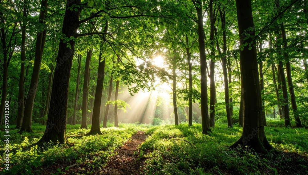 Obraz premium Sunlight streams through a lush forest (1)