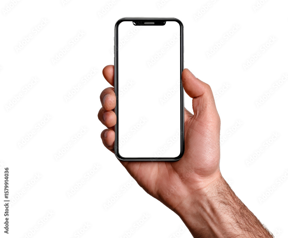 A hand holding a cell phone with a white background A hand holding a cell phone with a white background