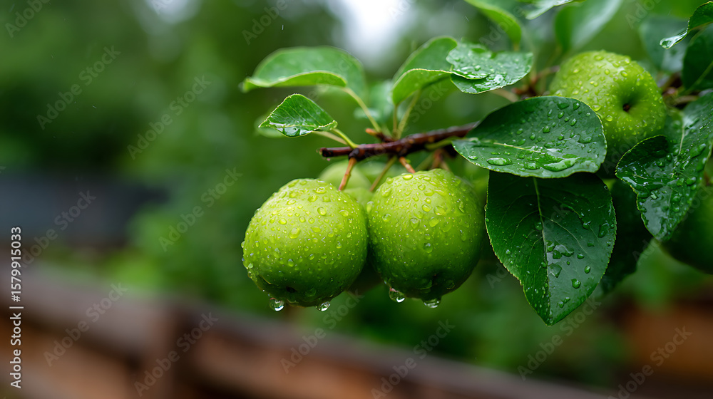 custom made wallpaper toronto digitalp3685236 358 Pear tree branch with ripening fruit and glistening droplets after morning rain in a lush garden 85242664 1