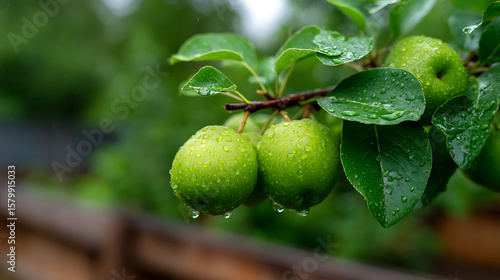 Wallpaper Mural p3685236 358 Pear tree branch with ripening fruit and glistening droplets after morning rain in a lush garden 85242664 1 Torontodigital.ca