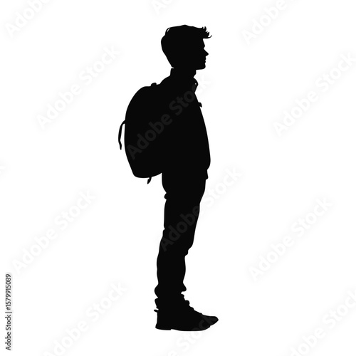 Teenager man with school bag silhouette white side vector