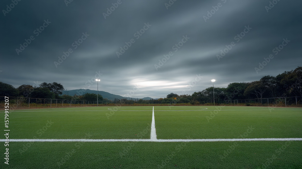 Fototapeta premium Soccer field clean perfect green grass outdoor cloudy sky empty landscape nature peaceful evening