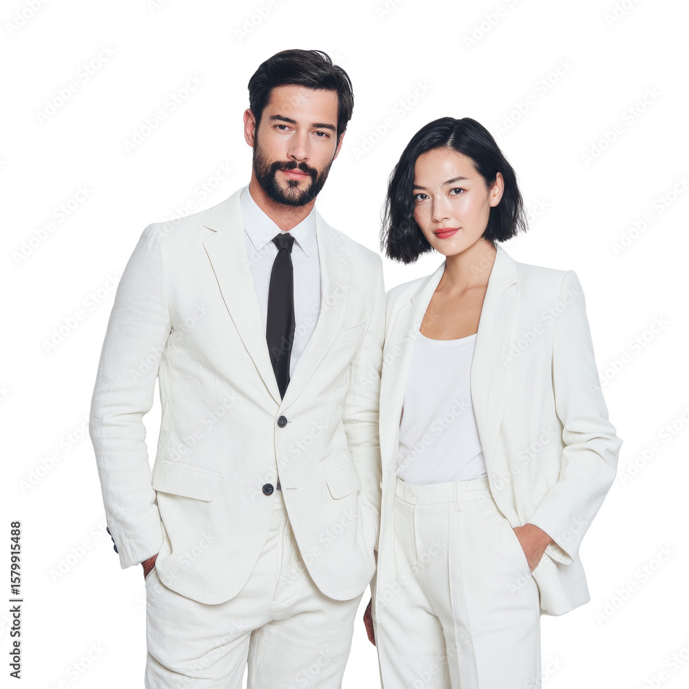 A man and a woman are dressed in white suits and ties A man and a woman are dressed in white suits and ties