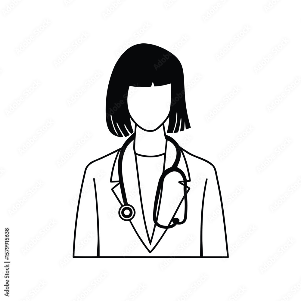 Fototapeta premium Stylized black and white outline silhouette of a female doctor wearing a lab coat and stethoscope representing healthcare professionals silhouette