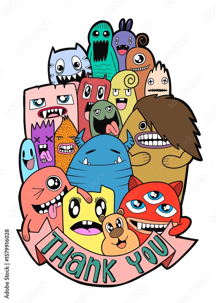 Obraz premium Hand-drawn illustrations, monsters doodle, Hand Drawn cartoon monster illustration,Cartoon crowd doodle hand-drawn Doodle style.