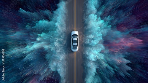 Car Travels on Road with Abstract Colorful Background