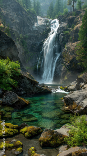 Powerful waterfall cascading into clear turquoise pool, surrounded by lush green forest