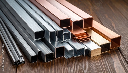 Various metal profiles on wooden surface