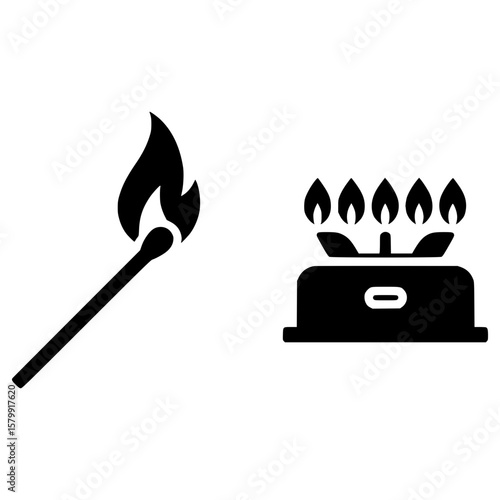 Match igniting gas stove burners with visible flames