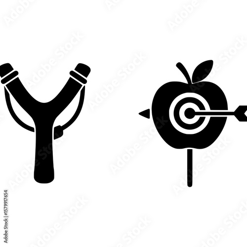 Slingshot aiming at an apple target with an arrow