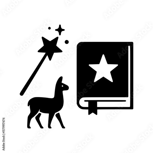 Magical llama and spellbook with wand and stars icon