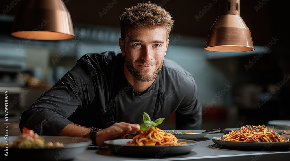 Chef in dark uniform presenting delicious pasta dishes under warm kitchen lights, smiling with pride and satisfaction Chef in dark uniform presenting delicious pasta dishes under warm kitchen lights, smiling with pride and satisfaction