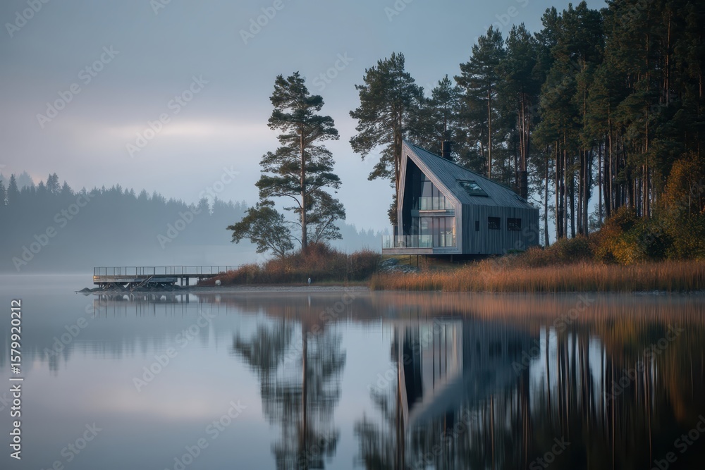 Modern Cabin on a Misty Lake at Dawn Modern Cabin on a Misty Lake at Dawn