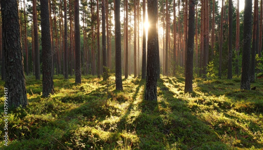 Obraz premium Sunlight streams through pine trees