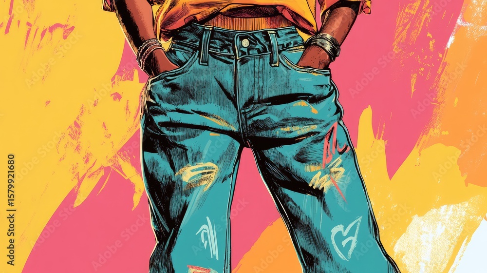 Fototapeta premium A woman is wearing blue jeans with a logo on the back