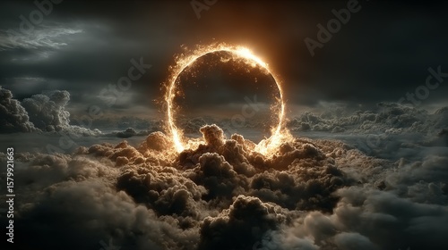 Fiery ring of light piercing through a dark sky filled with clouds.