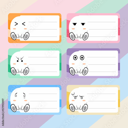 Colorful name tags with a chubby white blob character in 6 funny expressions. Great for labeling notebooks, planners, or school supplies.