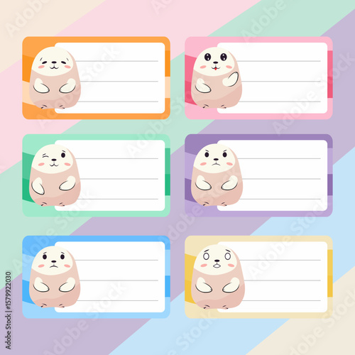 Set of 6 colorful name tag labels featuring a cute seal character in different emotions. Great for kids' school supplies, planners, notebooks, or digital stickers.