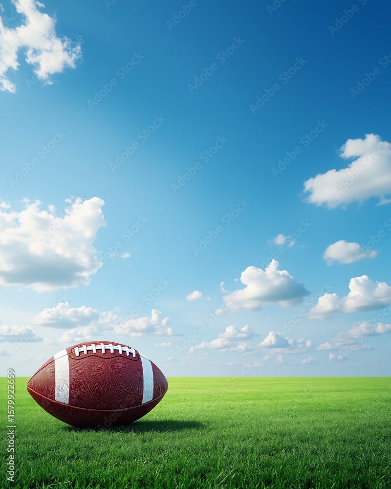Football on Green Grass Field Under Blue Sky with Fluffy White Clouds, Daytime Scene Football on Green Grass Field Under Blue Sky with Fluffy White Clouds, Daytime Scene