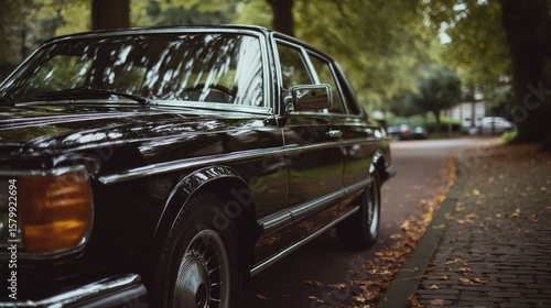 Classic black sedan on city street