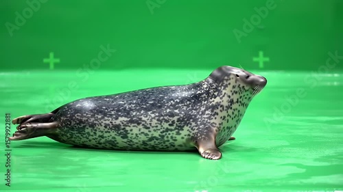 Spotted Seal Lying on Green Screen Background for Easy Compositing and Chroma Key
