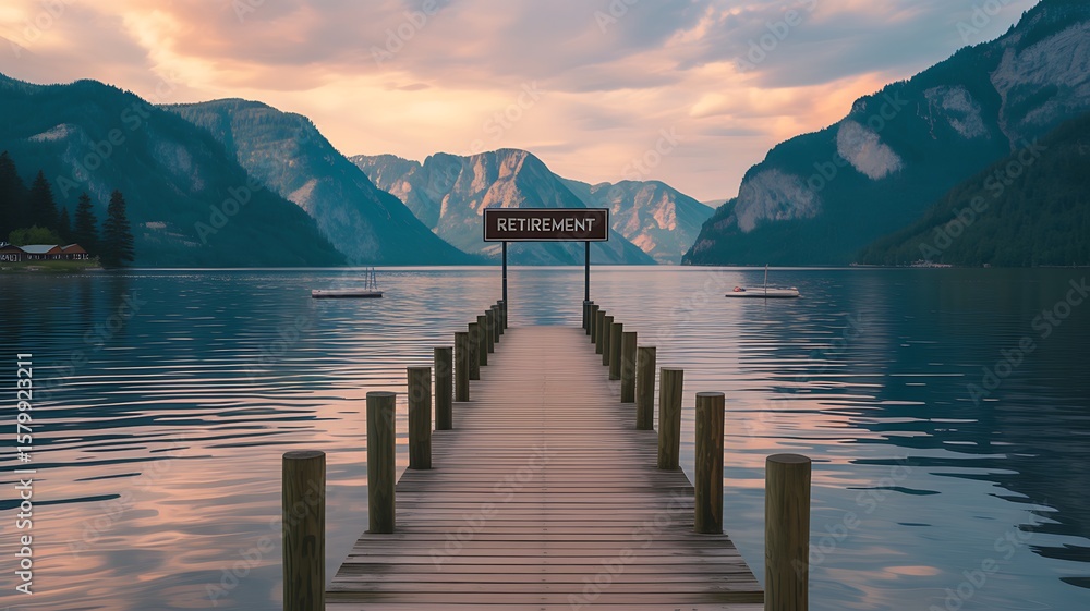 A wooden pier extends into the tranquil lake, framed by a serene landscape of mountains and sky, inviting summer travel A wooden pier extends into the tranquil lake, framed by a serene landscape of mountains and sky, inviting summer travel