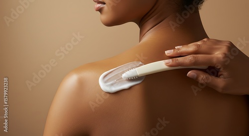 A beauty routine moment with lotion applied on shoulders and back using a long handled applicator, soft lighting and skin care theme, 