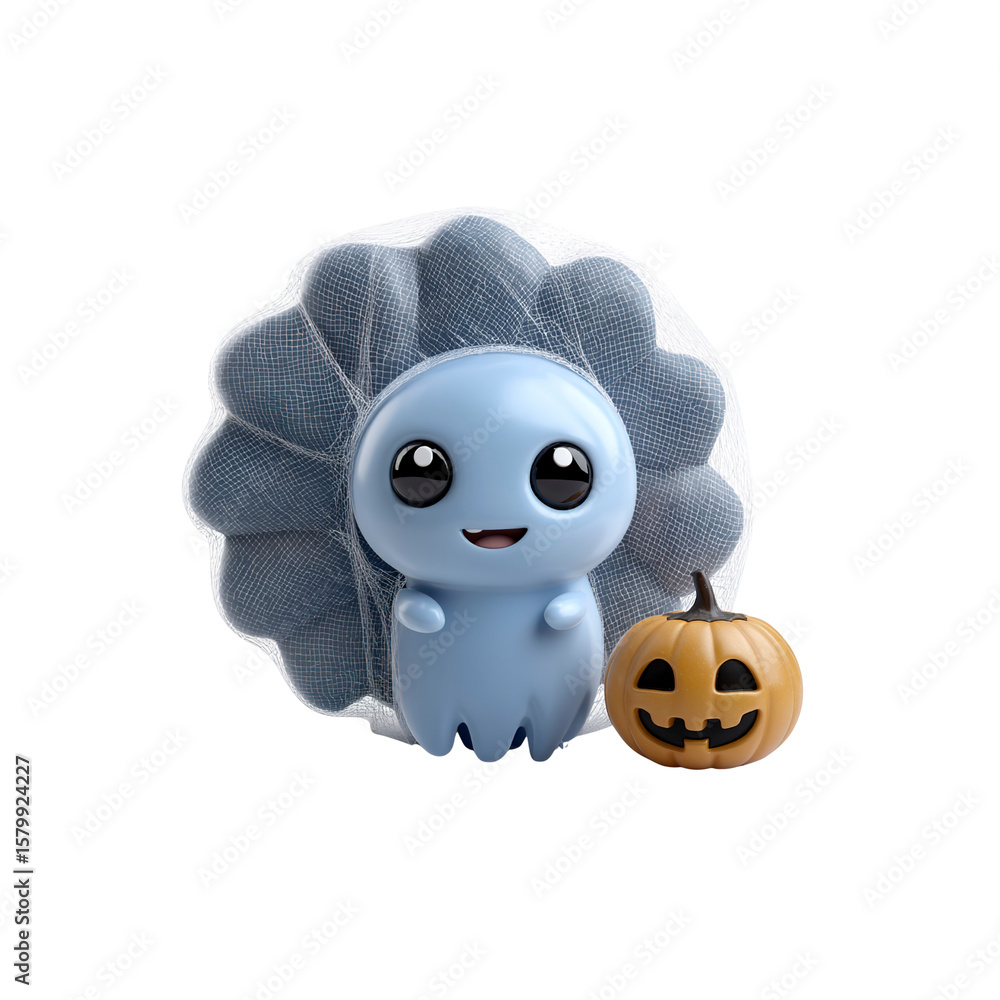Obraz premium Adorable 3D Render of a Cute Ghost in a Veil with a Jack-o'-lantern for Halloween