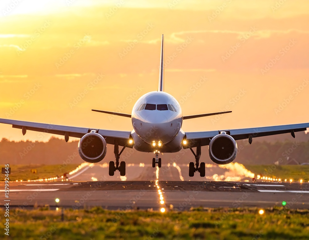 Naklejka premium Airplane landing at sunset (4)
