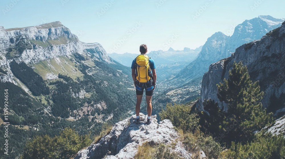 Fototapeta premium Hiker on mountaintop, vast valley view