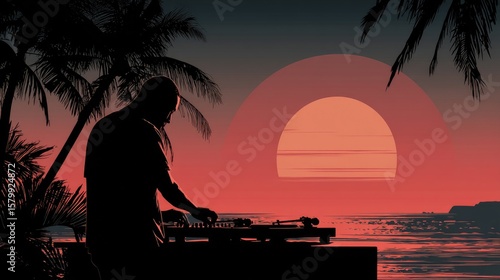 Dj silhouette sunset beach