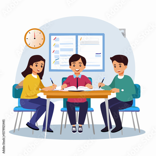 Flat vector animation of a quiet classroom scene where multiple students are sitting and working on writing assignments