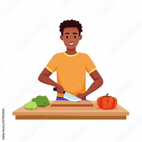 Vector animation of a person safely using a knife with proper hand placement and cutting technique