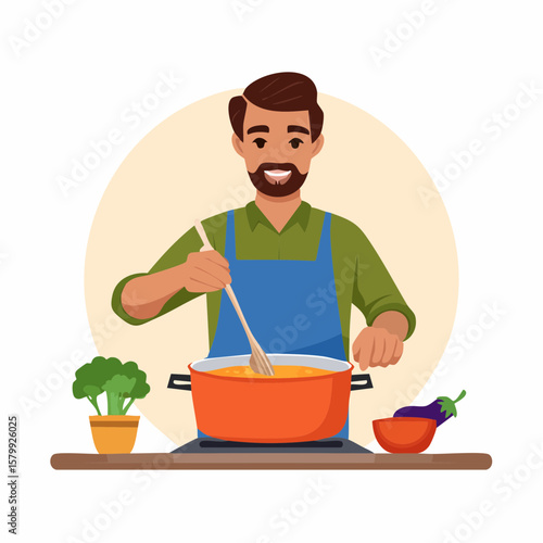 Clean vector animation of someone stirring a soup in a large pot with a ladle