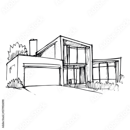 American contemporary suburb mansion sketch illustration architectural vector