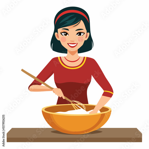 Vector-style animation of someone mixing ingredients in a large bowl with a wooden spoon