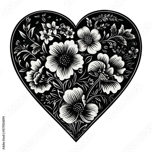 Heart with flowers illustration pattern black vector