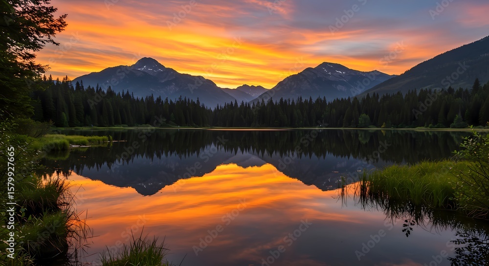 Fototapeta premium Sunset Over Mountain and Lake