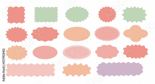An assortment of pastel-colored, decorative shapes with scalloped edges, arranged in a grid pattern on a white background.