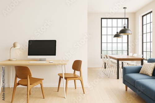 Wallpaper Mural Modern bright interior with home office setup and dining area in open space featuring minimalist furniture and large windows. Ai generative. Torontodigital.ca