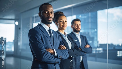 Three confident business professionals, two men and one woman, stand with arms crossed in a modern office setting with a city view.