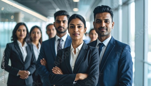 Diverse business professionals in formal attire, standing in a row, confidently posing.