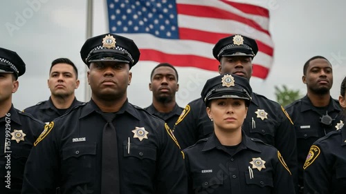 Diverse group of male and female police officers standing in formation. Law enforcement team with serious expressions in front of an American flag.