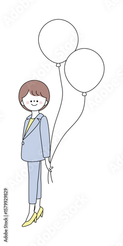 風船を後ろで持つスーツ姿の女性イラスト