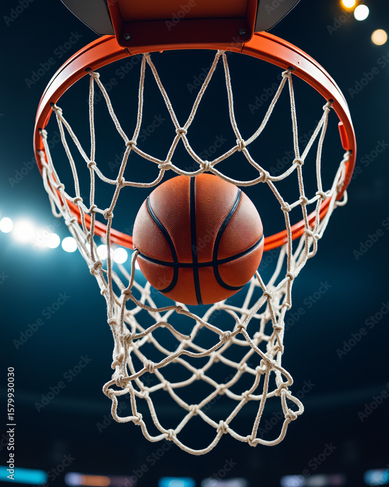 Fototapeta premium Basketball Swishing Through Hoop in Dramatic Indoor Arena Lighting and Atmosphere
